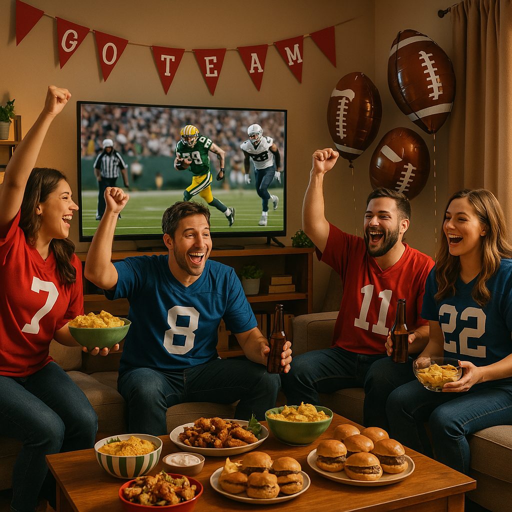 Fans cheering in a cozy living room decorated for a football watch party, with snacks and drinks on a table and a football game playing on a large TV.