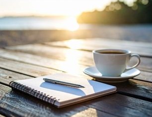 White coffee cup, notebook, and pen on a wooden table overlooking a peaceful beach sunrise.