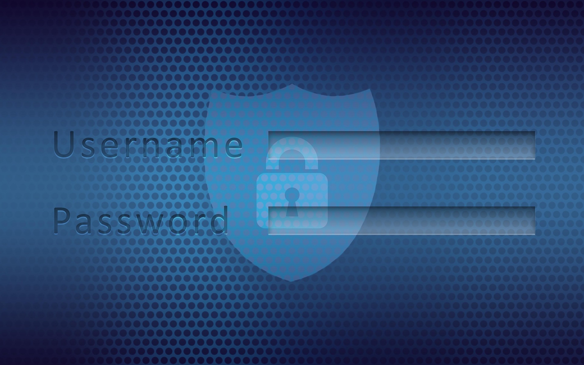 A blue digital login screen with username and password fields, featuring a padlock shield icon symbolizing online security.
